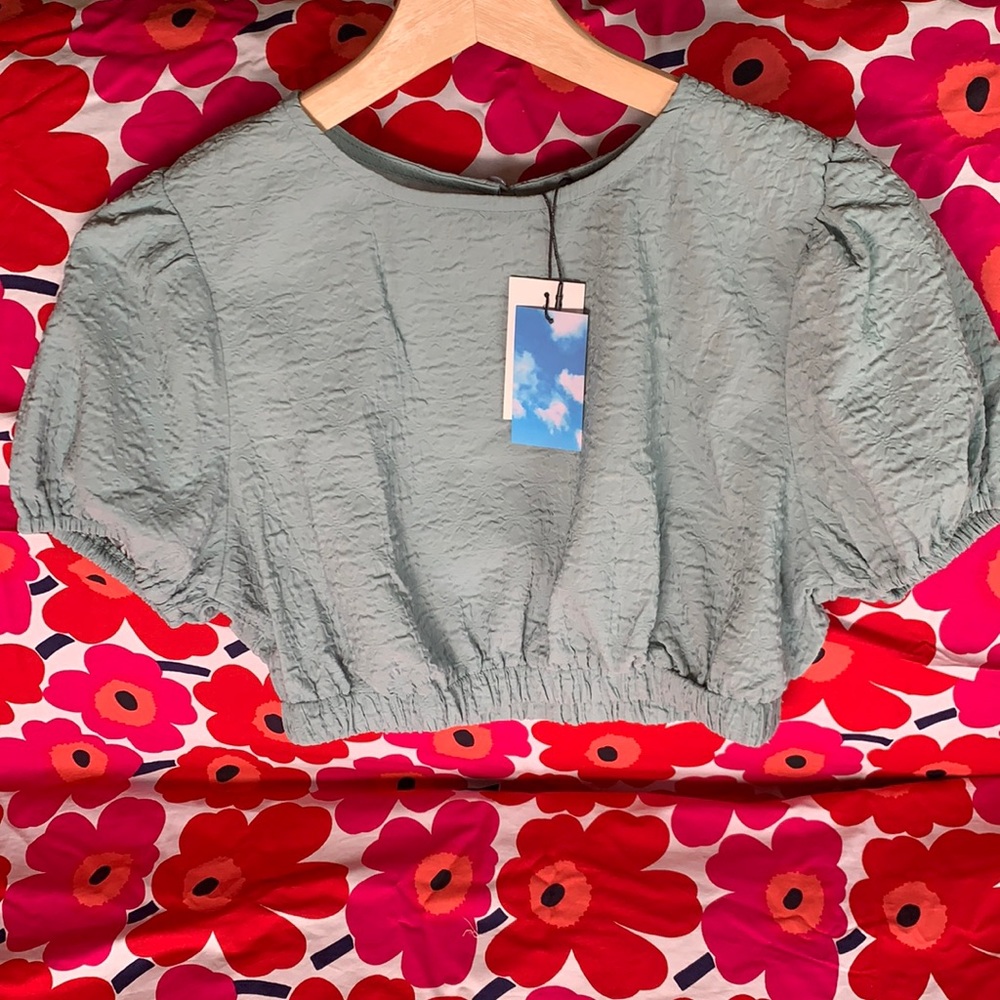 Baby blue casual blouse crop balloon